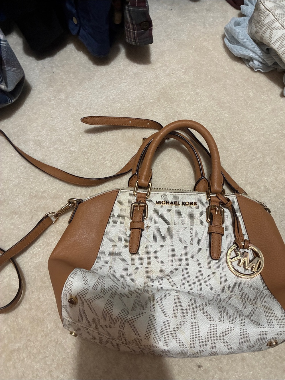 Michael Kors White Logo Satchel with Brown Trim